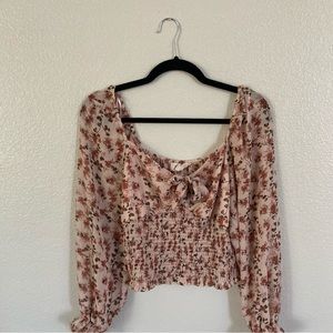 Pink Floral Crop Top with Sheer Sleeves and Tie Front